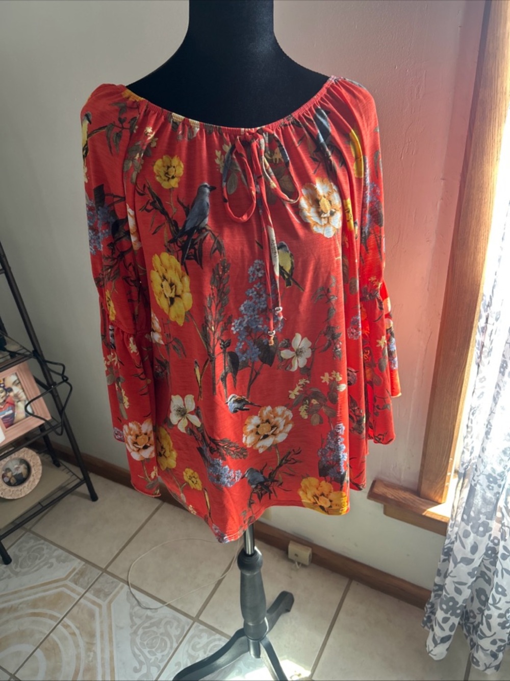 NAIF Coral Floral Tie-Neck Peasant Top